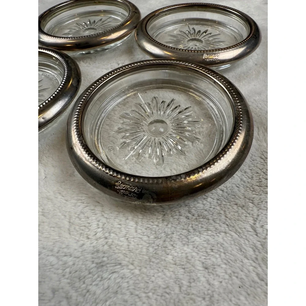 Set of 4 Leonard Silverplate Glass Coasters Made in Italy‎ Starburst Design